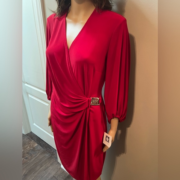 NWT Stunning Red Wrap Dress Anne Klein with Balloon Sleeve Sz10 - Picture 2 of 16